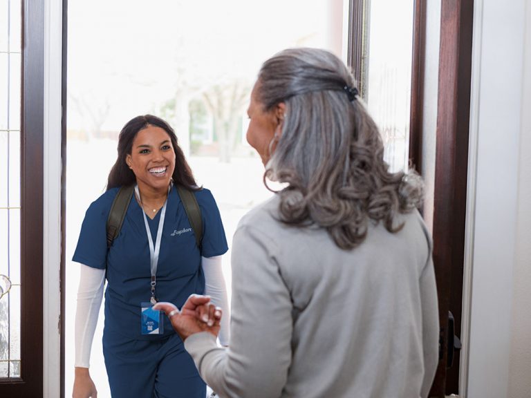 Elderly patient greeting home care nurse